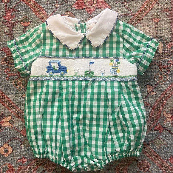 Smockingbird Golf Smocked Green Checked Boy Bubble 3 Months - Picture 1 of 6